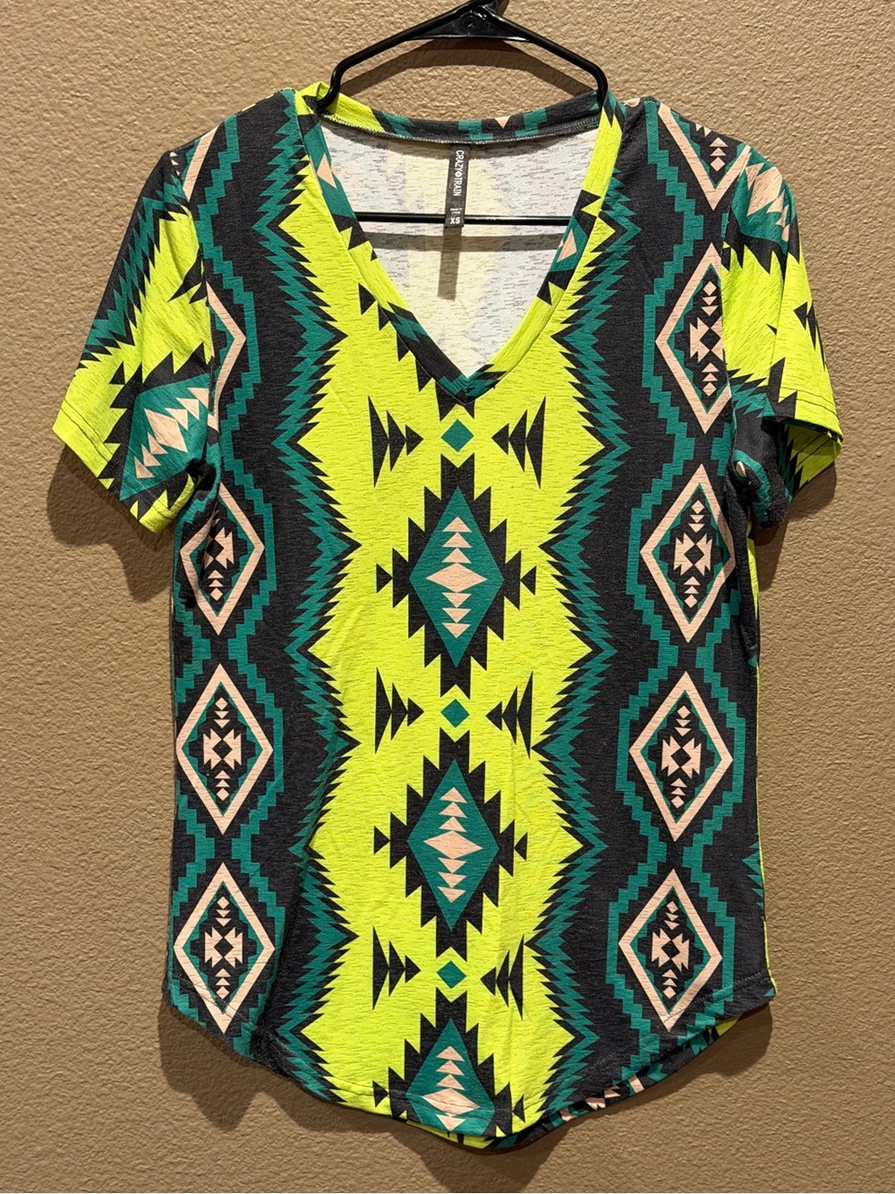 Crazy Train Neon Aztec V-Neck Tee - Black/Neon Green/Teal